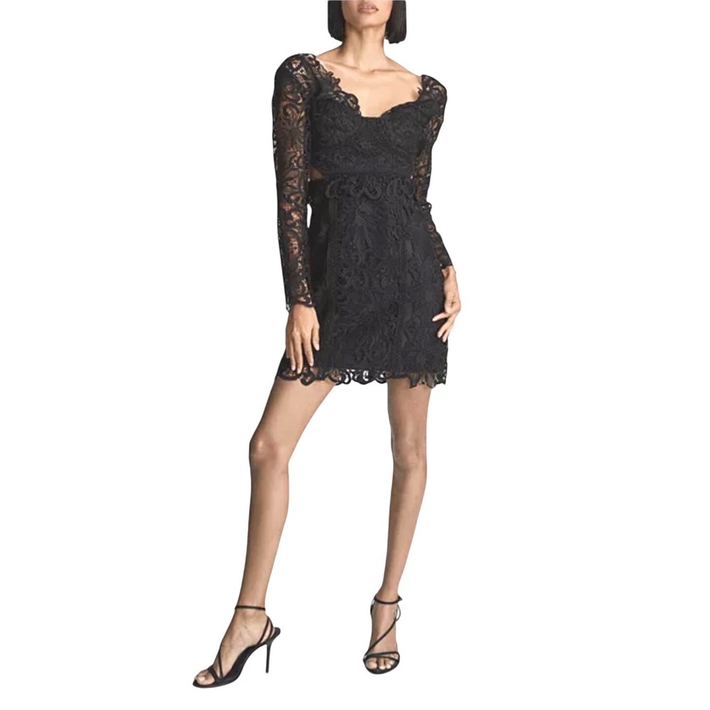 Reiss Dress Erica Black Lace Bodycon Mini Cutout Long Sleeve US 8 NEW